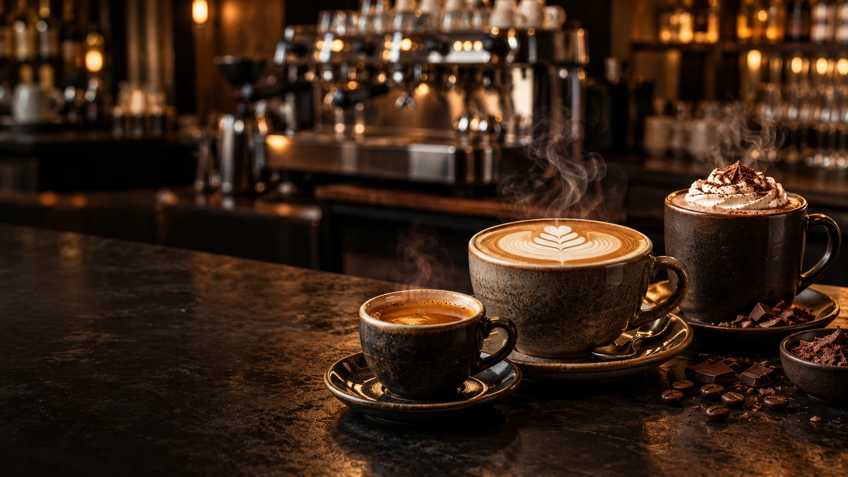 Espresso, Cappuccino mit Latte Art und heiße Schokolade mit Sahne auf einer dunklen Theke, dahinter die Espressomaschine