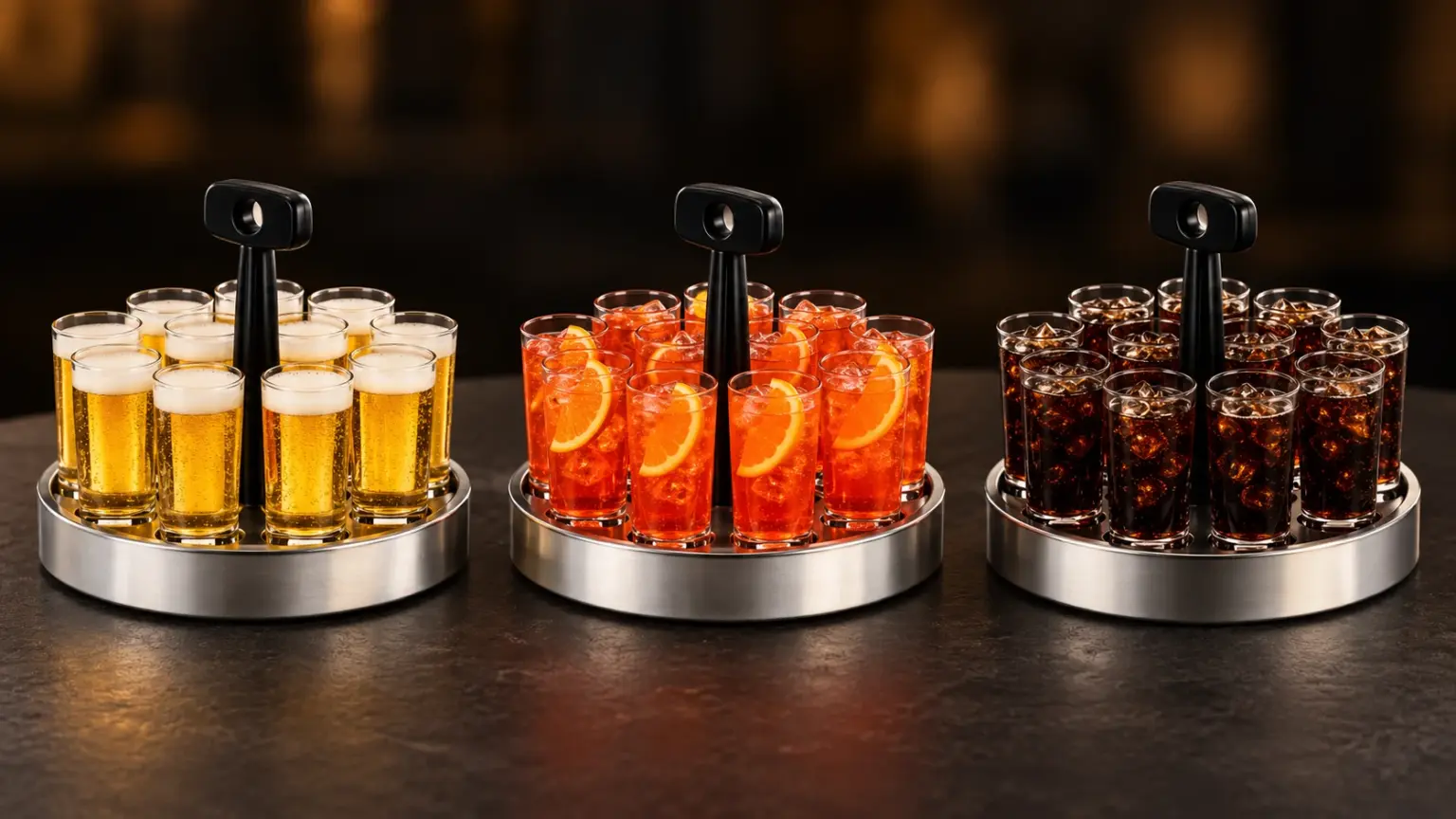 Drei Kränze mit je elf Gläsern nebeneinander auf einem dunklen Tisch: Helles Bier, Aperol Spritz und Jack Daniel’s Cola